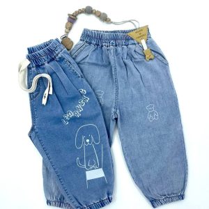 شلوار جین کاغذی دخترانه طرح خرس و سگ کد 145